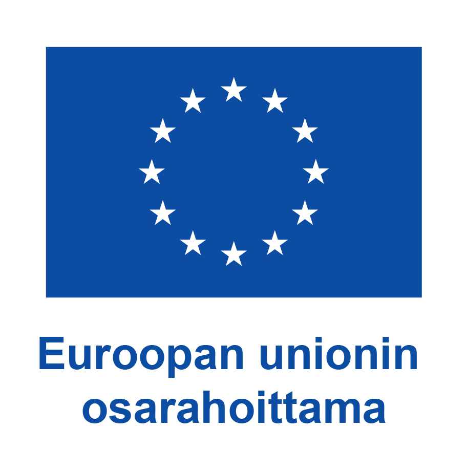 Sininen suorakulmio, jonka keskellä on 12 valkoisen tähden muodostama ympyrä. Lipun alapuolella lukee sinisellä teksti Euroopan unionin osarahoitusma.