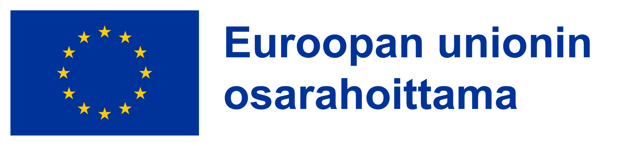 Kuvassa on EU:n lippu, jossa on keltaisten tähtien ympyrä sinisellä pohjalla, vieressä suomenkielinen teksti, jossa lukee Euroopan unionin osarahoittama, eli Euroopan unionin osarahoittama.