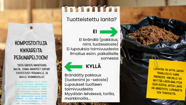 Kompostisäkki, kyltti käsitellystä lannasta ei- ja kyllä-sarakkeineen sekä kasa multaa, jossa on keltainen lappu, jossa selitetään lannan merkintöjä ja myyntiä. Teksti on suomeksi ja kuvaa kompostin käyttöä ja tuotevaatimuksia.