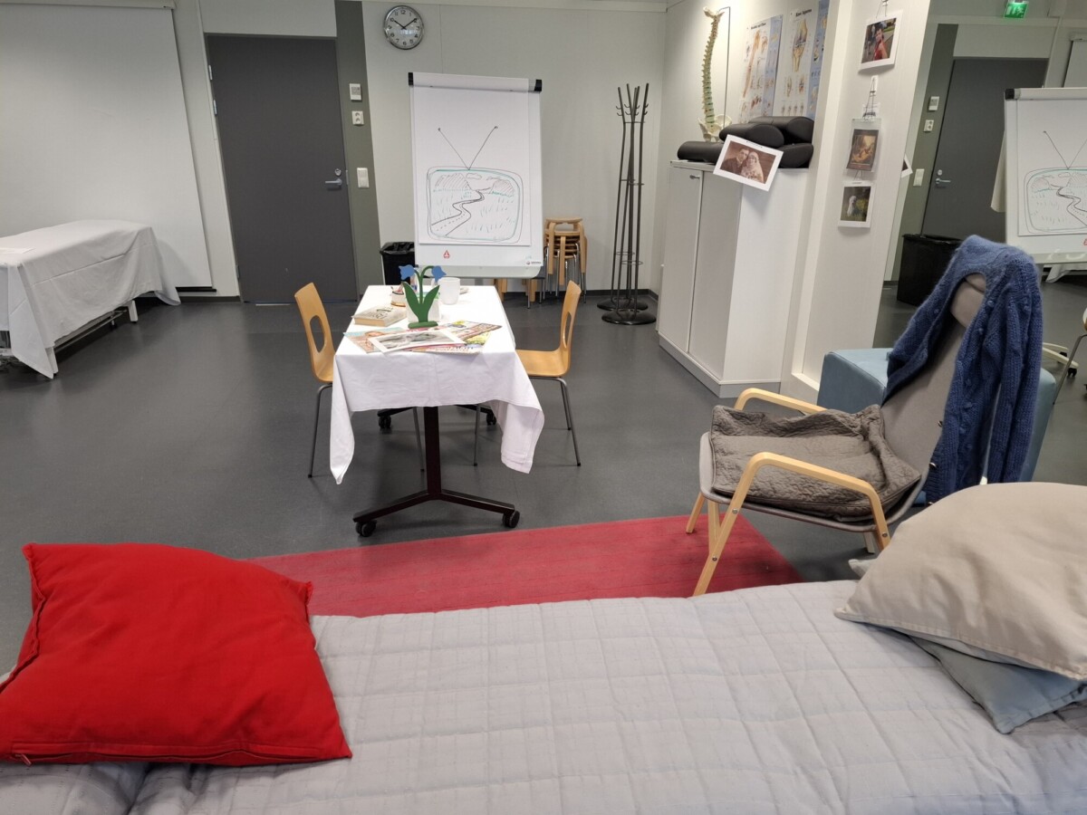 Viihtyisä huone, jossa etualalla sänky, keskellä pöytä papereineen ja tuoleineen, seinillä anatomisia julisteita ja kaavioita sekä takana fläppitaulu piirroksin.