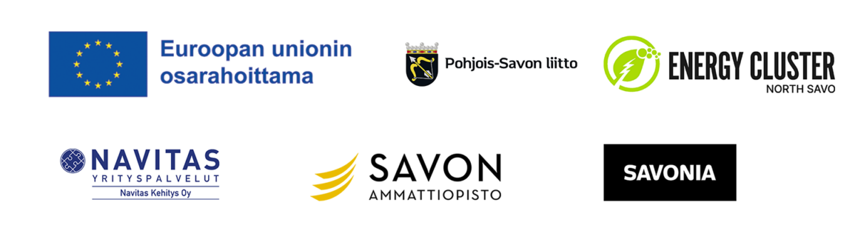 Seitsemän logon rivi: Euroopan Unioni, Pohjois-Savon liitto, Energiaklusteri North Savo, Navitas Yrityspalvelut, Savon Ammattiopisto ja Savonia. Jokaisella logolla on oma erillinen muotoilunsa ja värinsä.
