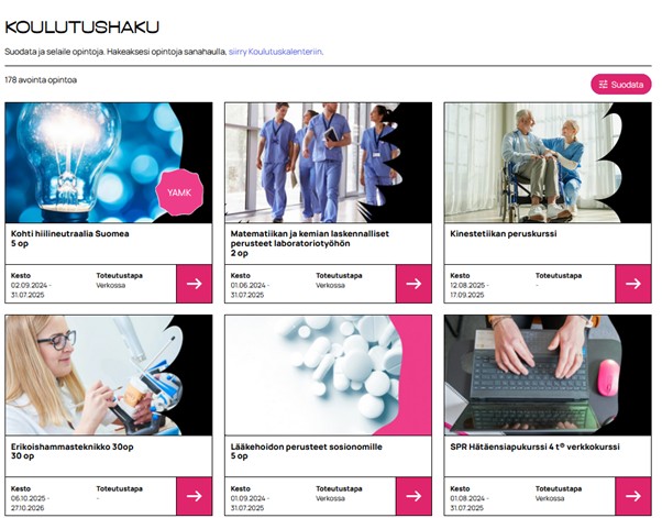 Suomalaisen koulutuksen hakusivu, joka näyttää erilaisia kurssivaihtoehtoja kuvien, otsikoiden, opintopisteiden, päivämäärien ja nuolien kera, joista pääsee lisätietoihin. Kurssit sisältävät aiheita, kuten luonnontieteet, terveydenhuolto ja IT-taidot.
