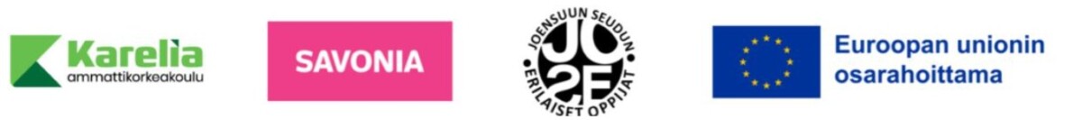 Karelia-ammattikorkeakoulun, Savonia-ammattikorkeakoulun, Joensuun Seudun Erilaiset Oppijat ja Euroopan Unionin logot suomenkielisellä tekstillä, jossa mainitaan EU:n yhteisrahoitus.