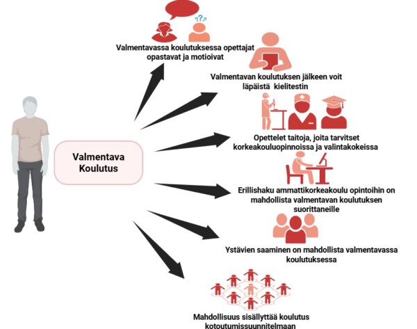 Infograafi, keskellä seisova henkilö ja nuolia kohti seitsemänmää valmentavan koulutuksen hyötyä, kuten opastusta, kielitestiin valmistautumista, taitojen oppimista ja ystävien saamista.