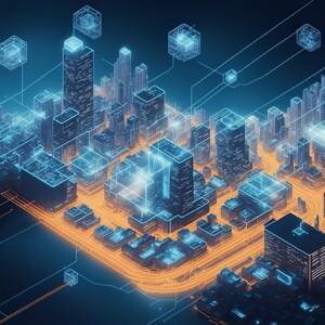 Futuristinen kaupunkikuva, jossa on korkeita pilvenpiirtäjiä ja hehkuvia oransseja katuja, joiden päällä on digitaalisia sinisiä hologrammiverkkoja ja kelluvia datakuutioita, jotka edustavat kehittynyttä teknologiaa ja älykästä kaupunki-infrastruktuuria.