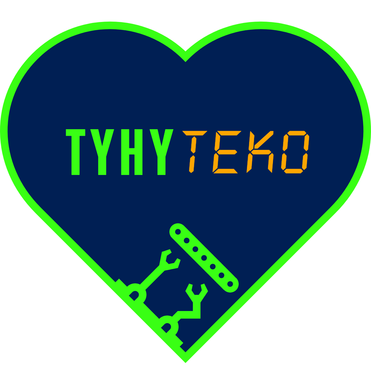 Sydämenmuotoinen tummansininen logo, jonka reunus on kirkkaanvihreä, teksti TYHY TEKO vihreällä ja oranssilla digitaalisella fontilla ja alareunassa vihreät robottikäsivarret, jotka kannattelevat kuljetinhihnaa.