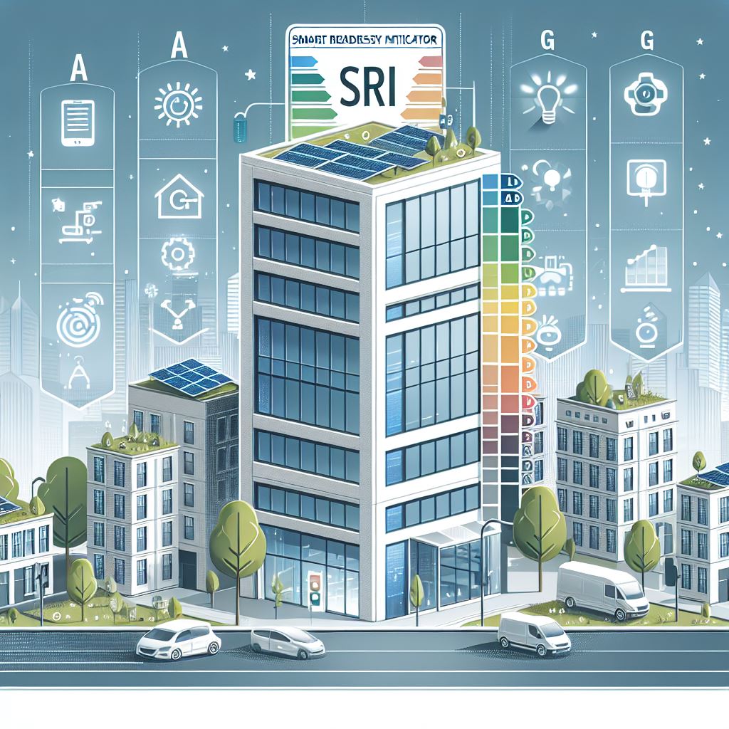 Moderni kaupunkikuva, jossa on ympäristöystävällisiä rakennuksia aurinkopaneeleilla ja kattopuutarhoilla. Keskeisellä pilvenpiirtäjällä on värikäs Smart Readiness Indicator (SRI) -kaavio. Sähköajoneuvot kulkevat alapuolella olevalla kadulla.