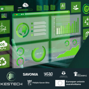 Digitaalinen kojelauta näyttää vihreää kestävyyttä ja ympäristöä koskevia visuaalisia tietoja, ja siinä on kuvakkeita uusiutuvalle energialle, tekoälylle, kuvaajille, CO2:lle ja kierrätykselle. Eri organisaatioiden logot näkyvät alareunassa.