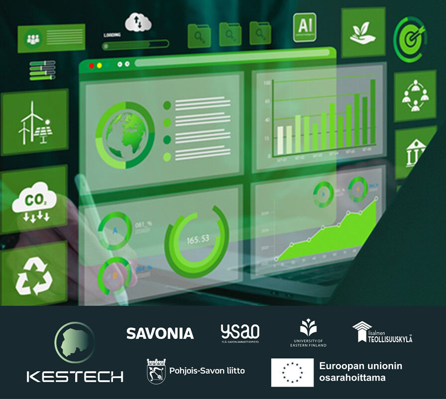 Digitaalinen kojelauta näyttää vihreää kestävyyttä ja ympäristöä koskevia visuaalisia tietoja, ja siinä on kuvakkeita uusiutuvalle energialle, tekoälylle, kuvaajille, CO2:lle ja kierrätykselle. Eri organisaatioiden logot näkyvät alareunassa.
