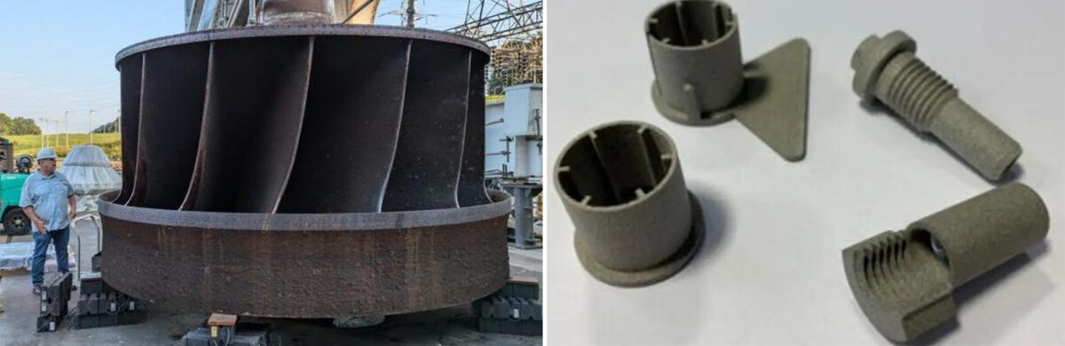 Jaettu kuva, jossa vasemmalla kaksi ihmistä seisoo suuren teollisen metalliturbiinin vieressä ja oikealla neljä pientä, monimutkaista metallikoneen osaa valkoisella pinnalla.