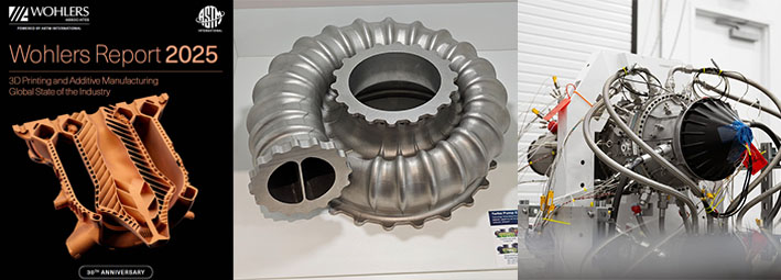 Kolmea kuvaa sisältävä kollaasi: 3D-tulostettu metalliosa, jossa on Wohlersin raportti 2025 -teksti, spiraalimainen metallinen turbiinimainen komponentti ja monimutkainen kone, jossa on johtoja ja liittimiä teollisuusympäristössä.