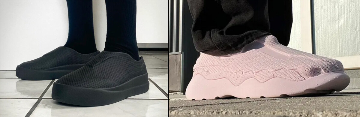 Kaksi lähikuvaa slip-on-lenkkareista: vasemmalla mustat slip-onit, joita käytetään mustien sukkien kanssa sisätiloissa, oikealla vaaleanpunaiset slip-onit, joita käytetään mustien housujen kanssa ulkona jalkakäytävällä.