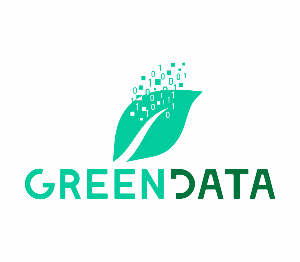 Green Datan logo, jossa on tyylitelty vihreä lehti, jonka kärjestä nousee binäärikoodi, joka symboloi teknologian ja kestävän kehityksen välistä yhteyttä. Lehden alla on teksti GREEN DATA.