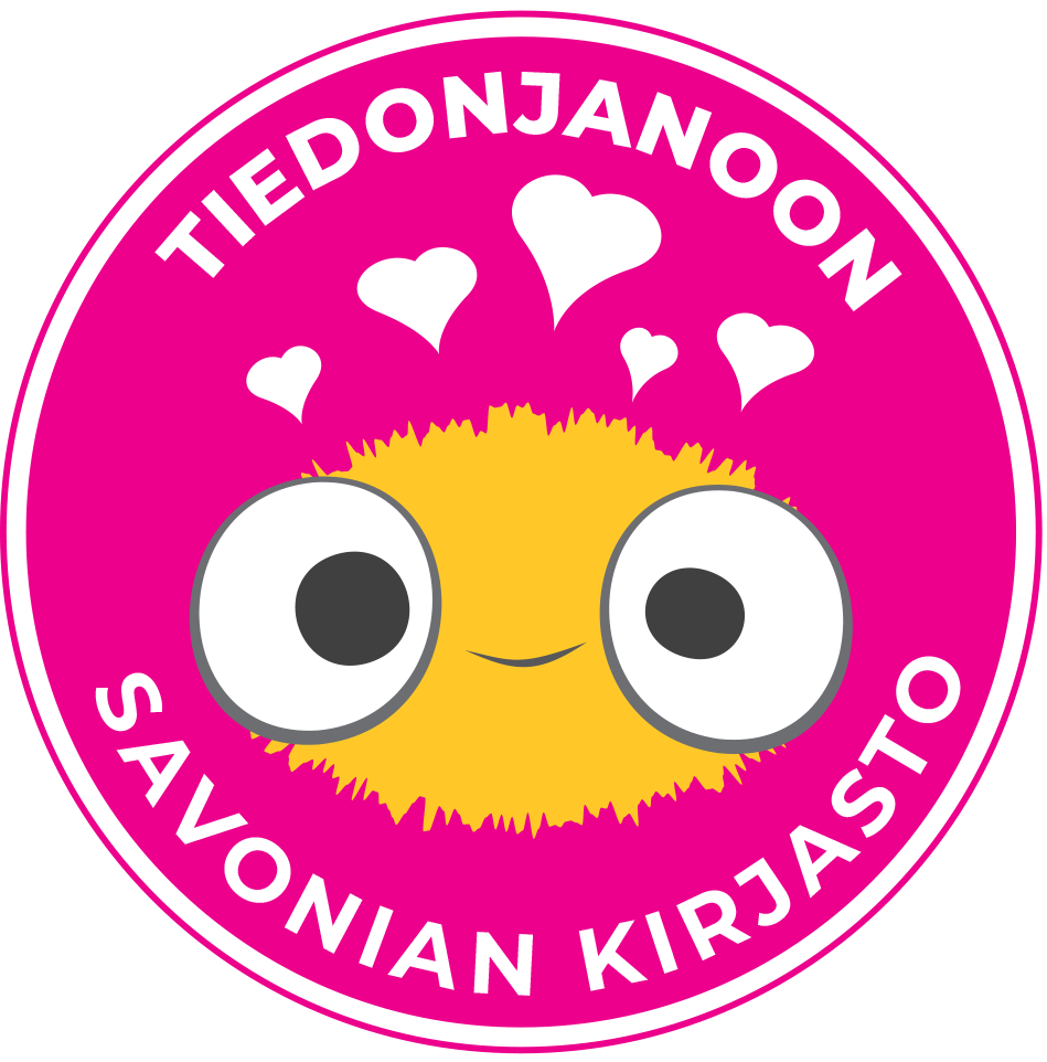 Pyöreä, vaaleanpunainen logo, jonka keskellä on söpö keltainen pörröinen hahmo, jolla on suuret silmät ja pieni hymy. Sen pään yläpuolella leijuu valkoisia sydämiä. Reunassa on teksti: Tiedonjanoon Savon Kirjasto.