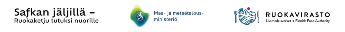 Logobanneri, jossa on suomenkielinen teksti Safkan jäljillä - Ruokaketju tutuksi nuorille, maa- ja metsätalousministeriön logo ja elintarvikeviraston logo, jossa on suomenkieliset ja englanninkieliset nimet.