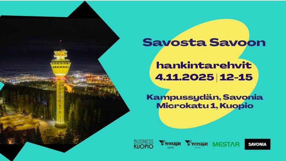 Tapahtumamainos, jossa on yönäkymä korkeasta valaistusta tornista puiden ympäröimänä. Tekstissä lukee: Savosta Savoon, hankintarehvit, 4.11.2025 | 12-15, Kampus-sydän, Savonia, Microkatu 1, Kuopio, alareunassa useita yritysten logoja.