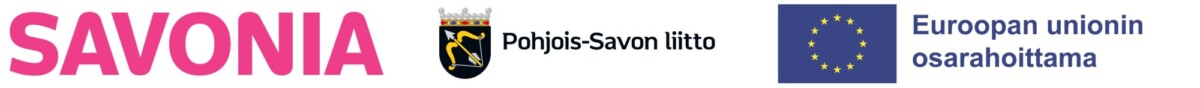 Logot vasemmalta oikealle: Savonia-ammattikorkeakoulu, Pohjois-Savon liitto mustakeltaisella vaakunalla ja Euroopan unioni suomenkielisellä tekstillä.