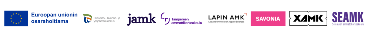 Rivi logoja: Euroopan unioni, Päijänne-Leader, JAMK ammattikorkeakoulu, Tampereen ammattikorkeakoulu, Lapin ammattikorkeakoulu, Savonia-ammattikorkeakoulu, XAMK ja Seinäjoen ammattikorkeakoulu.