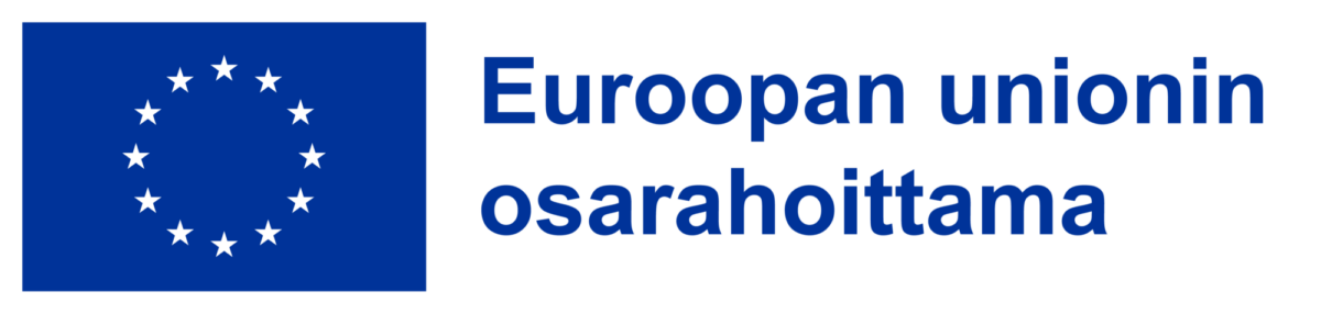 Sininen EU-lippu, jossa on kaksitoista valkoista tähteä ympyrän sisällä, vieressä sininen suomenkielinen teksti Euroopan unionin osarahoittama valkoisella pohjalla.