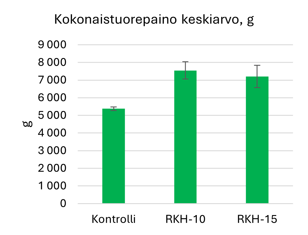 Pylväsdiagrammi, jossa esitetään kolmen ryhmän keskimääräinen kokonaispaino (g): Kontrolli (~5200 g), RKH-10 (~7200 g) ja RKH-15 (~7000 g), virhepalkit RKH-ryhmissä. Y-akseli vaihtelee välillä 0-9000 g. Teksti suomeksi.