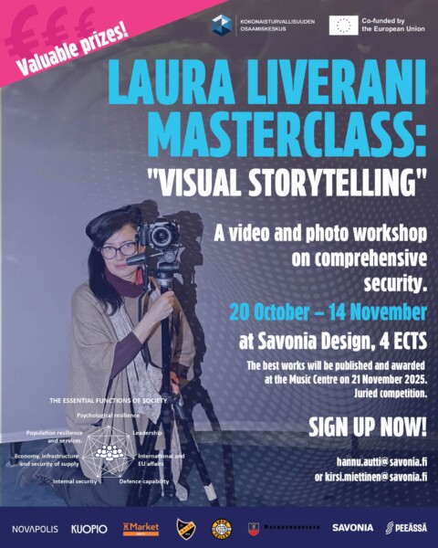 Laura Liveranin mestarikurssin juliste: Visuaalinen tarinankerronta, video- ja valokuvatyöpaja turvallisuudesta, joka järjestettiin 20.10.-14.11. Savonia Designissa. Sisältää lisätietoja, yhteystiedot ja logot alareunassa. Sininen ja violetti värimaailma.