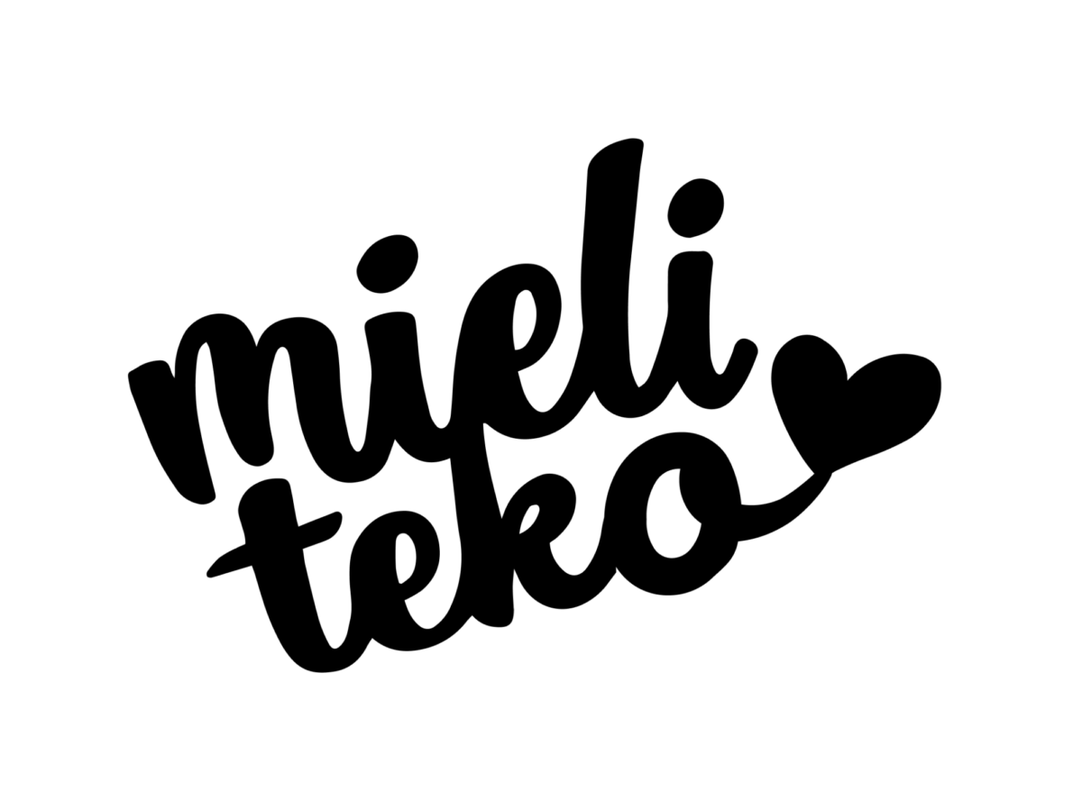 Kuvassa on sana mieliteko rohkealla, leikkisällä mustalla kirjoitusasulla, ja teko-sanan lopussa on sydämenmuotoinen kirjain valkoisella pohjalla.