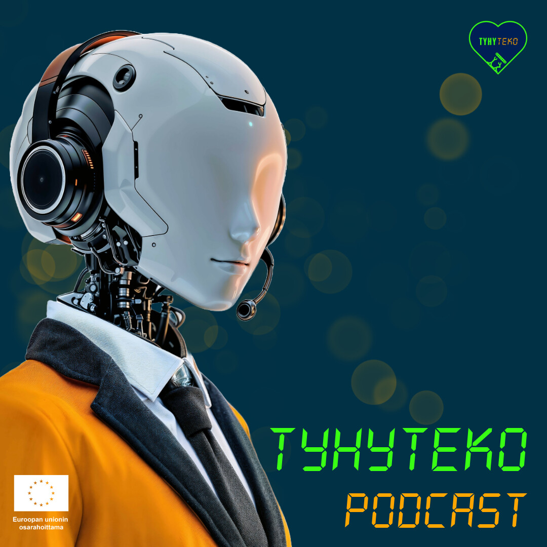 Puku ja kuulokkeet päällään oleva humanoidirobotti seisoo tummaa taustaa vasten, jossa on hehkuvia ympyröitä. Teksti tyylitellyllä fontilla on Тунутеко Podcast. Euroopan unionin ja sydämen logot näkyvät.