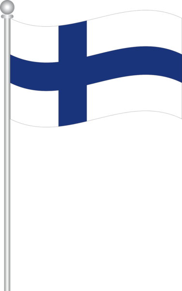 Kuvassa on Suomen kansallislippu, jossa on sininen pohjoismainen risti valkoisella pohjalla ja joka heiluu hopeisessa lipputangossa.