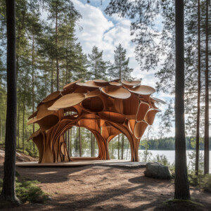 Ainutlaatuinen puinen paviljonki, jossa on orgaanisia, terälehtiä muistuttavia muotoja, seisoo korkeiden mäntyjen keskellä seesteisen järven rannalla, sulautuen osaksi luonnollista metsämaisemaa osittain pilvisen taivaan alla.