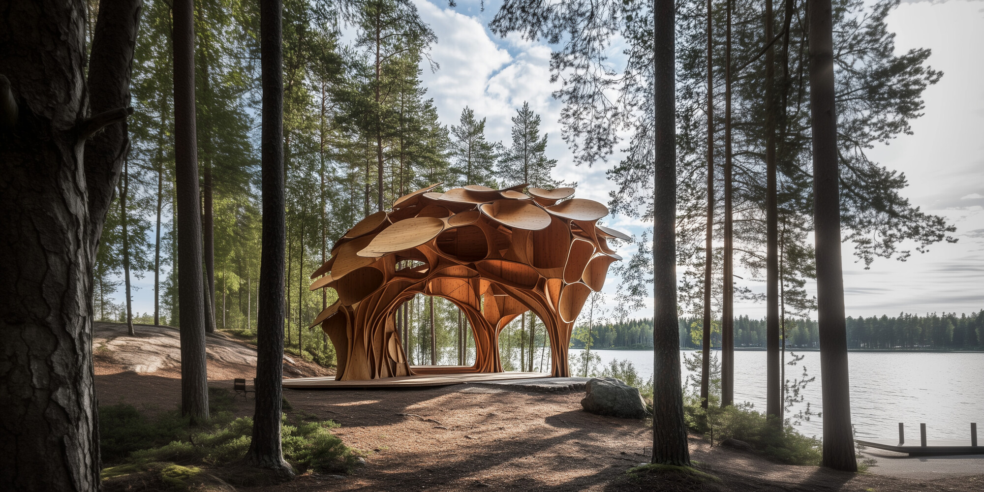 Ainutlaatuinen puinen paviljonki, jossa on orgaanisia, terälehtiä muistuttavia muotoja, seisoo korkeiden mäntyjen keskellä seesteisen järven rannalla, sulautuen osaksi luonnollista metsämaisemaa osittain pilvisen taivaan alla.