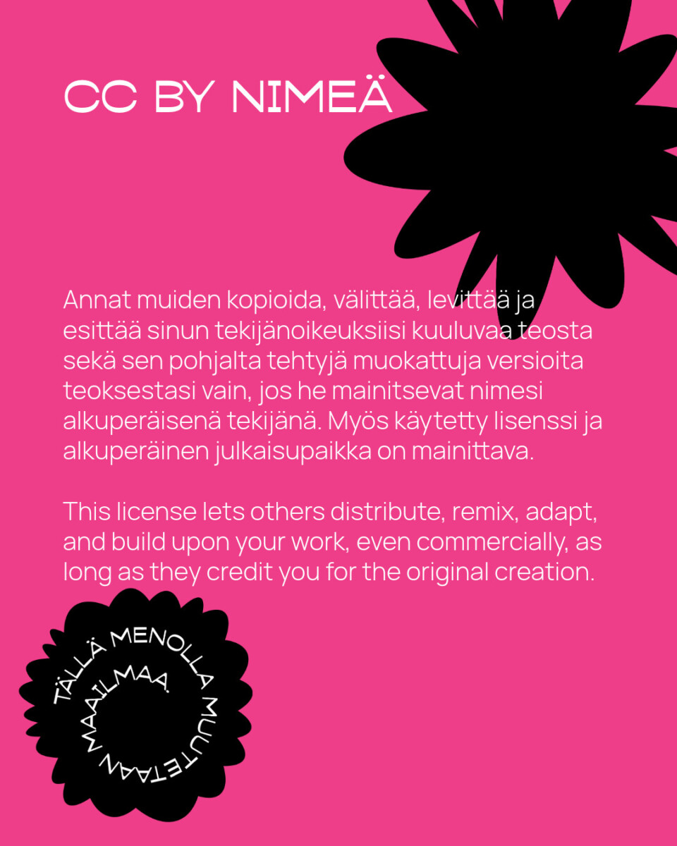 Vaaleanpunainen juliste, jossa on valkoinen suomenkielinen ja englanninkielinen teksti CC BY -lisenssistä, ja jota koristavat suuret mustat kukkakuviot kulmissa.