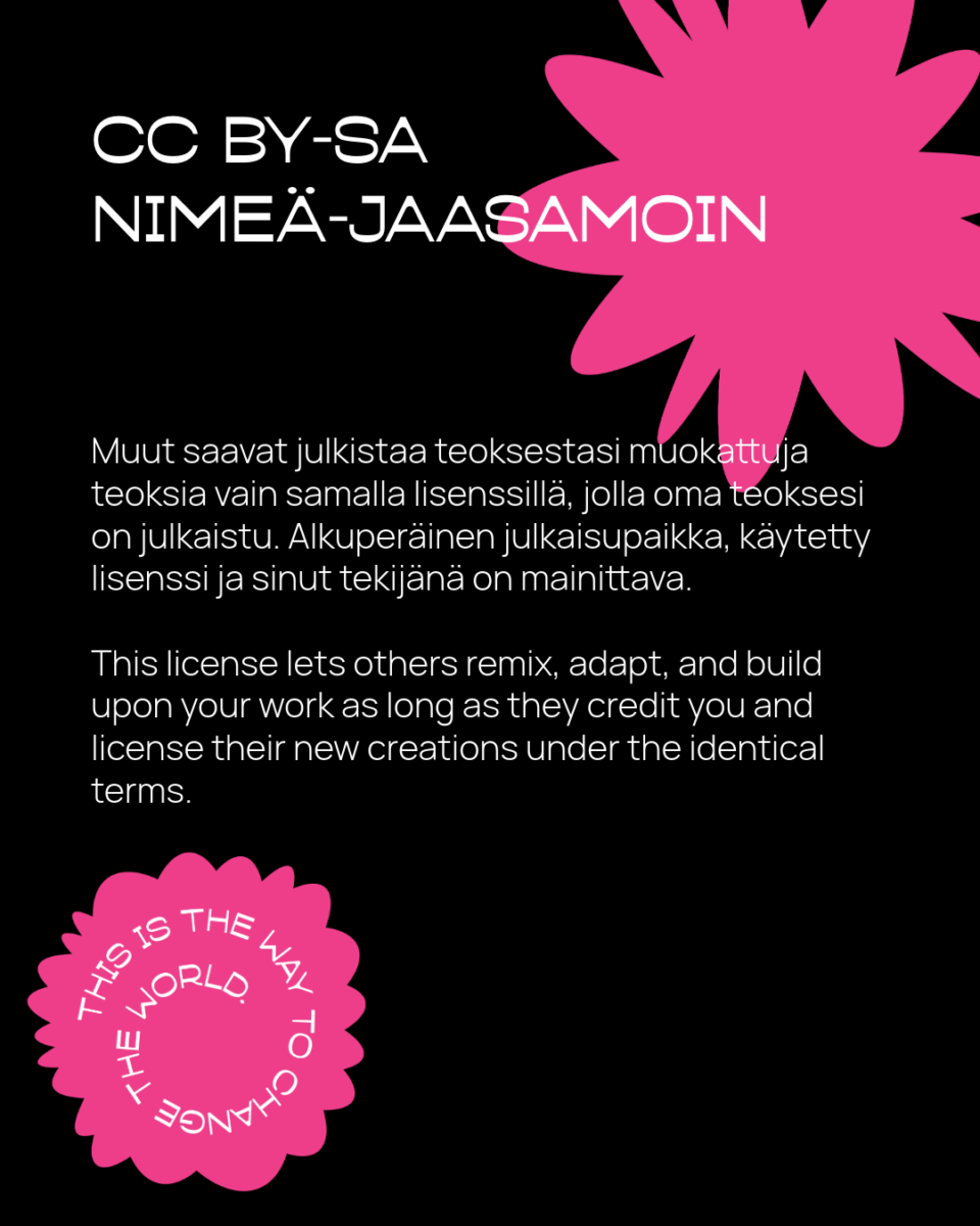 Graafinen kuva, jossa on vaaleanpunaisia kukkamuotoja mustalla pohjalla, CC BY-SA NIMEÄ-JAASAMOIN ja kaksikielinen teksti, jossa Creative Commons ShareAlike -lisenssi selitetään suomeksi ja englanniksi.