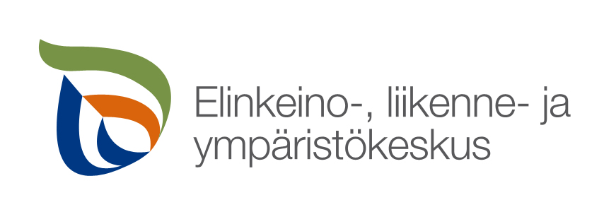 Elinkeino-, liikenne- ja ympäristökeskuksen logo, jossa on tyyliteltyjä vihreitä, oransseja ja sinisiä muotoja organisaation suomenkielisen nimen vieressä harmaalla tekstillä.