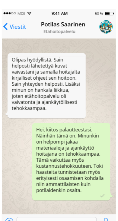 Kännykän kuvakaappauksessa näkyy suomenkielinen chat-keskustelu etähoidosta. Vasemmalla oleva käyttäjä mainitsee saavansa ohjeita ja pitää palvelua tehokkaana. Oikeanpuoleinen käyttäjä vastaa ja on samaa mieltä palvelun tehokkuudesta sekä terveydenhuollon ammattilaisten että potilaiden kannalta.
