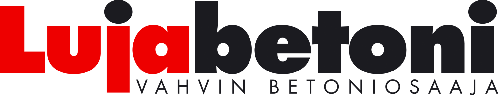 Logo, jossa on lihavoitu teksti Lujabetoni, Luja punaisella ja betoni mustalla. Alla pienemmällä tekstillä VAHVIN BETONIOSAAJA harmain isoin kirjaimin.