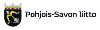 Vaakuna, jossa on kruunattu kilpi, jossa on keltainen jousi ja nuoli, vieressä Pohjois-Savon liitto valkoisella pohjalla.