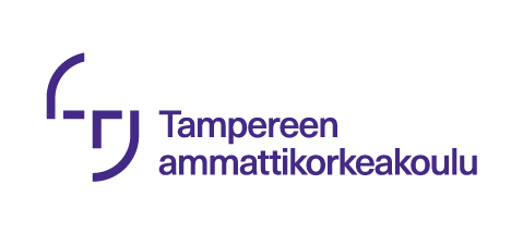 Tampereen ammattikorkeakoulun logo, jossa vasemmalla puolella tyylitelty violetti grafiikka ja oikealla puolella laitoksen nimi suomeksi lihavoidulla violetilla tekstillä.
