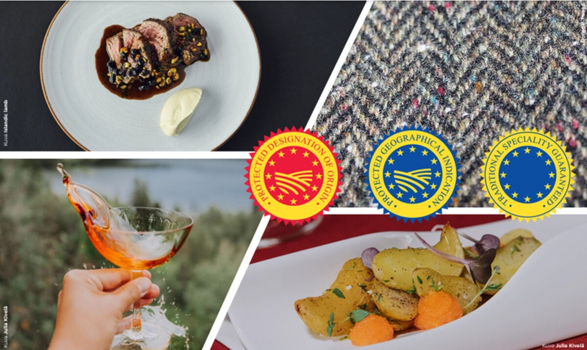 Kuvakollaasi, jossa on gourmet-liharuoka, kuviollinen kangas, juomaa kaatava käsi, lautanen perunoita koristeineen ja kolme EU:n elintarvikesertifikaatin logoa: SAN, SMM ja APT.