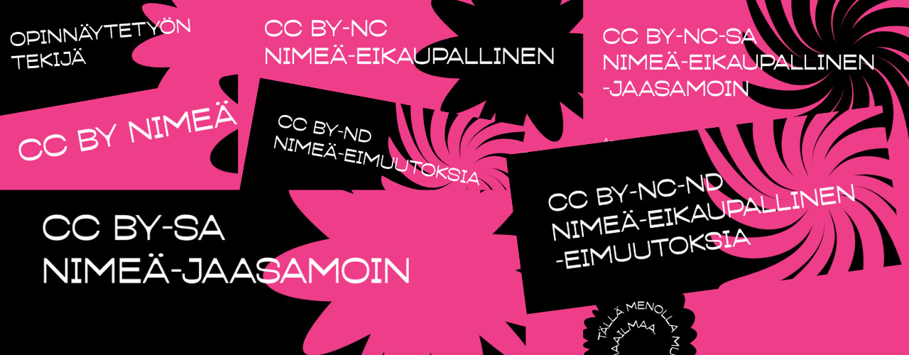 Kollaasi, jossa on vaaleanpunaisia ja mustia abstrakteja kukkamuotoja ja suomenkielistä tekstiä, jossa kuvataan erilaisia Creative Commons -lisenssejä, kuten 