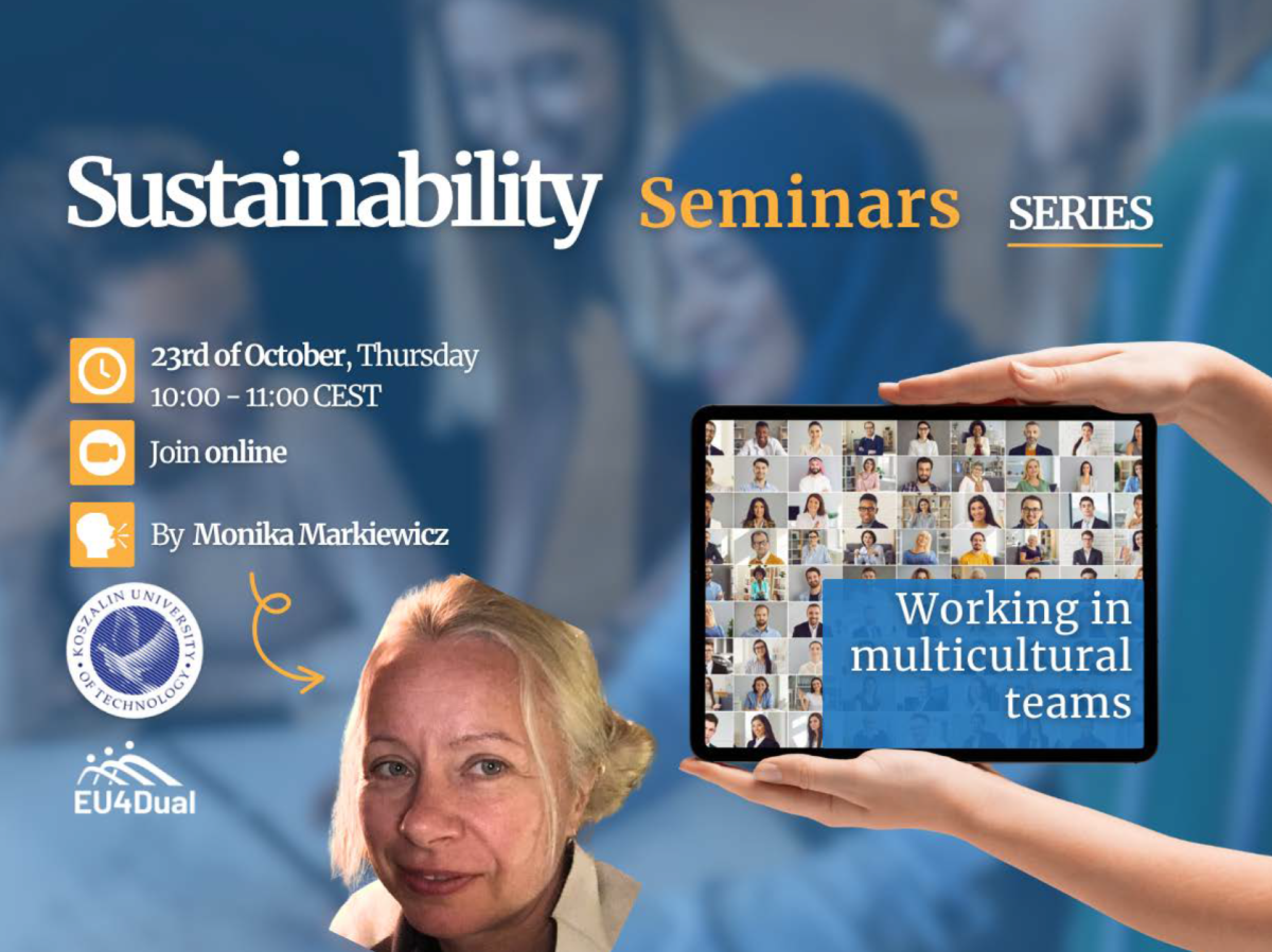 Kestävän kehityksen seminaarisarjan tapahtuman mainosjuliste. Siinä on nainen, joka pitelee tablettia, jossa näkyy monien ihmisten videopuhelukuvia, ja teksti Working in multicultural teams (Työskentely monikulttuurisissa tiimeissä). Mukana on tapahtuman tiedot ja logot.