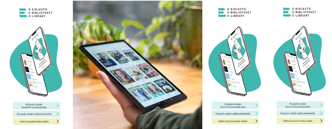 Henkilö pitää kädessään tablettia, jossa näkyy e-kirjastosovellus, ja sen ympärillä on kuvakaappauksia älypuhelimen käyttöliittymästä, jossa on kirjautumisvaihtoehtoja ja logo, jossa lukee 