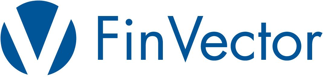 FinVector-logo, jossa on rohkea valkoinen V-kirjain sinisessä ympyrässä, jonka jälkeen yrityksen nimi FinVector on sinisellä tekstillä vaalealla pohjalla.
