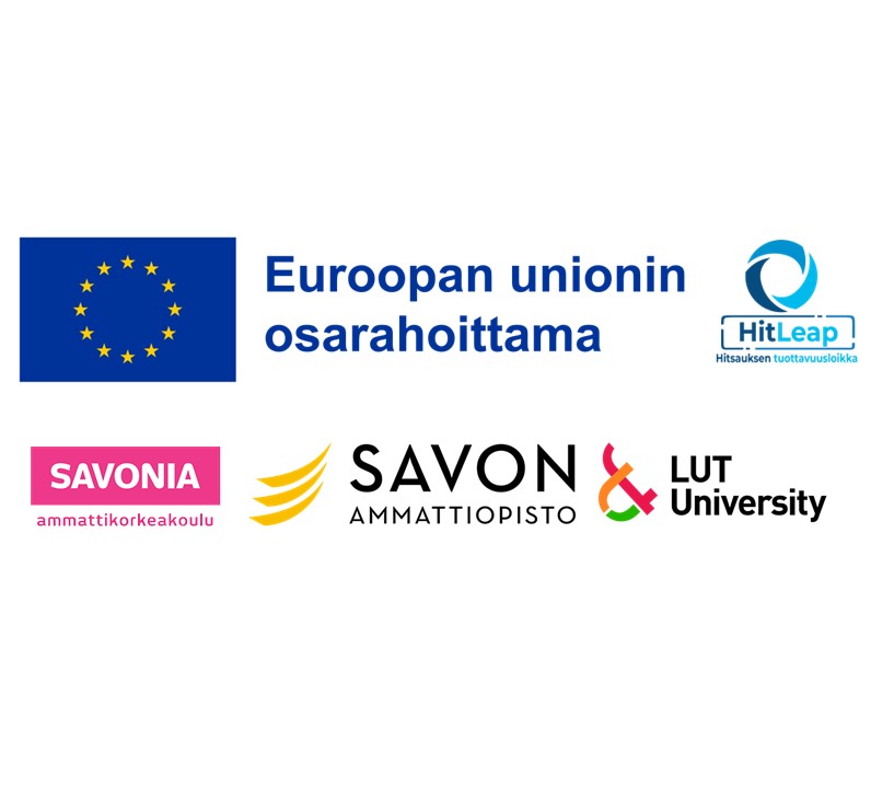 Euroopan unionin, HitLeapin, Savonia-ammattikorkeakoulun, Savon Ammattiopiston ja LUT-yliopiston logot, suomenkielinen teksti: Euroopan unionin osarahoittama.