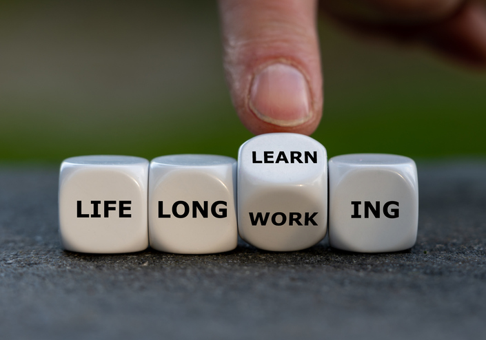 Käsi kääntää noppaa neljän nopan joukossa, joissa lukee LIFE LONG WORK ING, jolloin WORK vaihtuu LEARNiin, mikä viittaa sanontaan elinikäinen oppiminen elinikäisen työnteon sijasta.