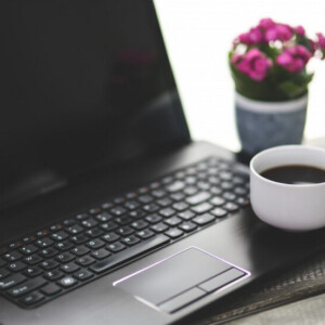 Valkoinen kahvikuppi istuu kannettavan tietokoneen näppäimistön päällä puupinnalla, ja taustalla on pieni ruukkukasvi, jossa on vaaleanpunaisia kukkia.