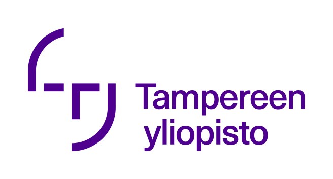 Tampereen yliopiston logossa on vasemmalla puolella tyylitelty violetti geometrinen symboli ja oikealla puolella yliopiston suomenkielinen nimi lihavoituna violettina tekstinä.