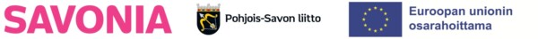 Logot ja teksti: SAVONIA vaaleanpunaisella, Pohjois-Savon maakuntaliiton vaakuna ja Euroopan unionin lippu, jossa on suomenkielinen teksti Euroopan unionin osarahoittama.