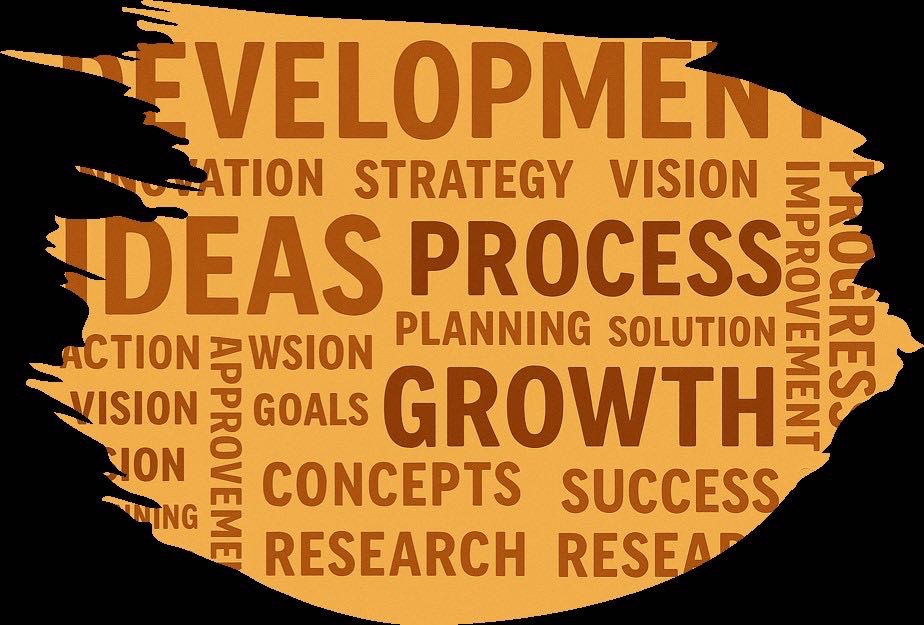 Sanapilvi kelta-ruskealla taustalla, jossa on termejä kuten kehitys, ideat, prosessi, kasvu, käsitteet, menestys, tutkimus, strategia, visio, parantaminen ja suunnittelu.