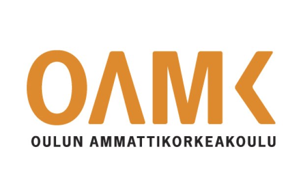 Oulun Ammattikorkeakoulun logo, jossa mustan suomenkielisen tekstin OULUN AMMATTIKORKEAKOULU yläpuolella valkoisella pohjalla on lihavoidut oranssit kirjaimet OAMK.