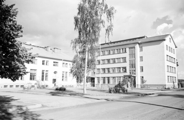 Mustavalkoinen kuva, jossa näkyy suuri, monikerroksinen laitosrakennus, jossa on paljon ikkunoita. Rakennuksen edessä on korkea puu, ja sen ympäristössä on jalkakäytävä ja vähän liikennöity katu.